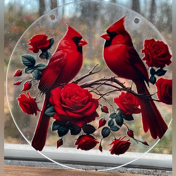 4” Acrylic Suncatcher Cardinal Bird Red Rose Ornament New Gift - As Is - Picture 2 of 2